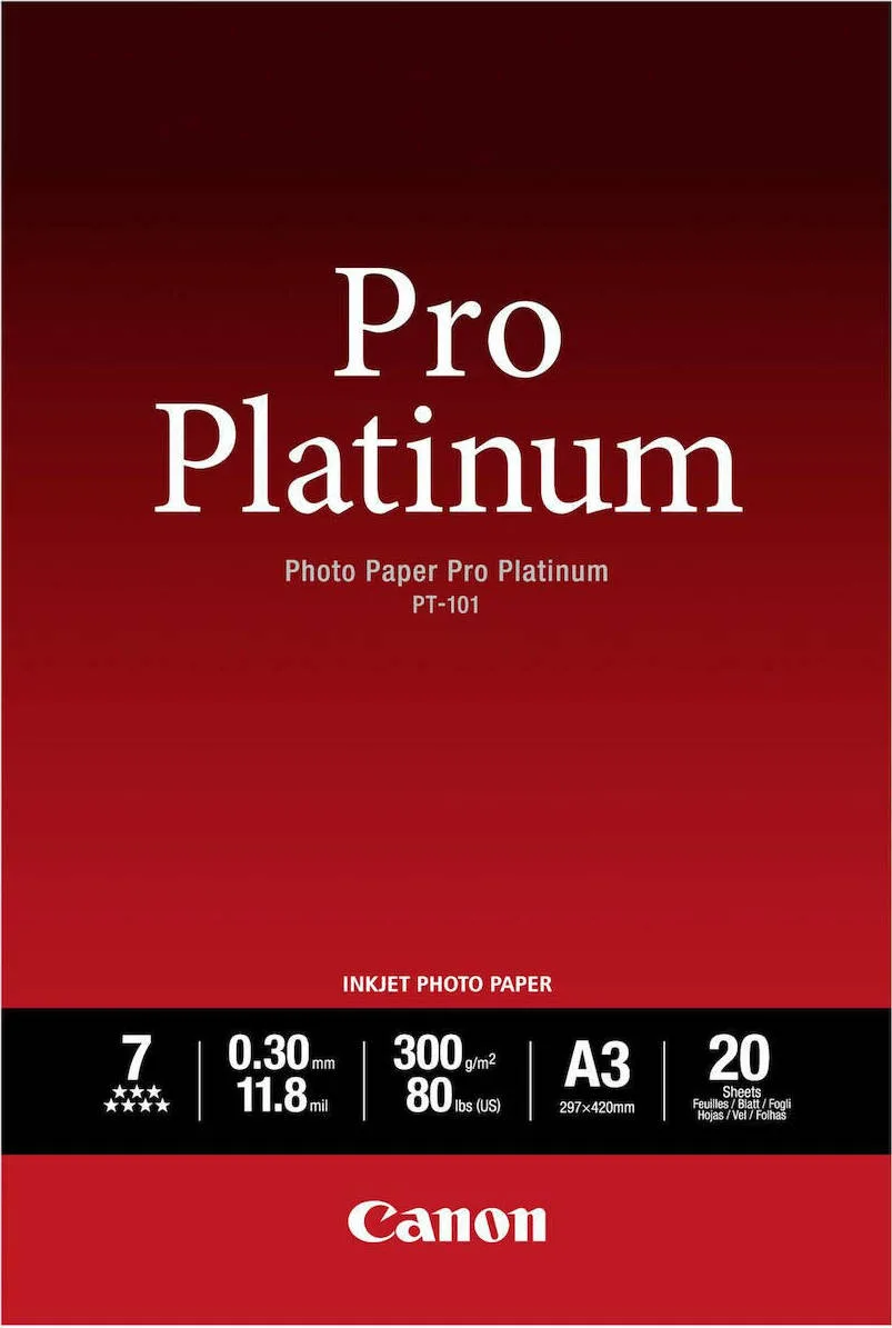20210304145722_canon_pt_101_pro_platinum_a3_300gr_20_fylla_2768b017.jpeg Canon PT-101 Φωτογραφικό Χαρτί Pro Platinum A3 300gr/m² για Εκτυπωτές Inkjet 20 Φύλλα (2768B017) - Image 1