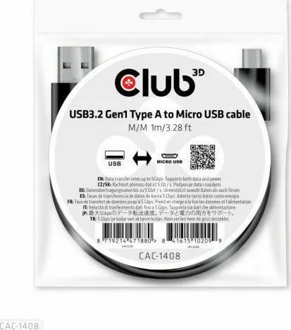 Club3D Regular USB 2.0 to micro USB Cable Μαύρο 1m (CAC-1408) - Image 1