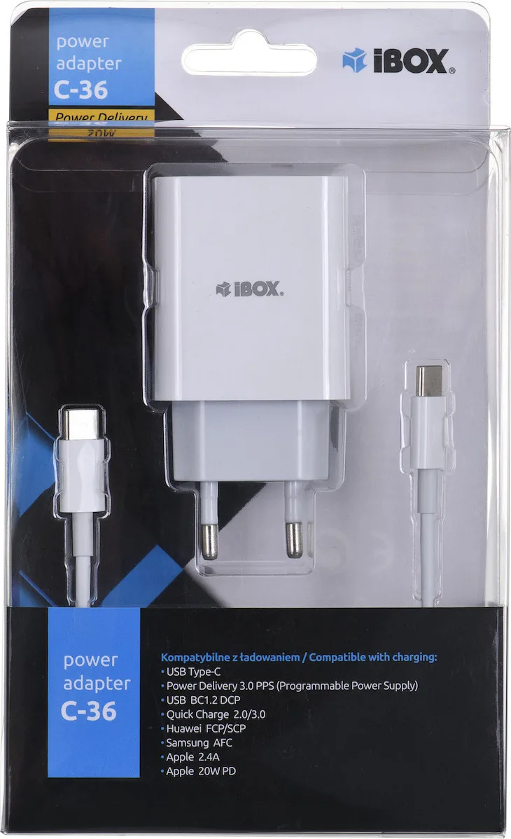 iBox Φορτιστής με Θύρα USB-A και Θύρα USB-C και Καλώδιο USB-C 20W Power Delivery / Quick Charge 3.0 Λευκός (ILUC36W) - Image 1