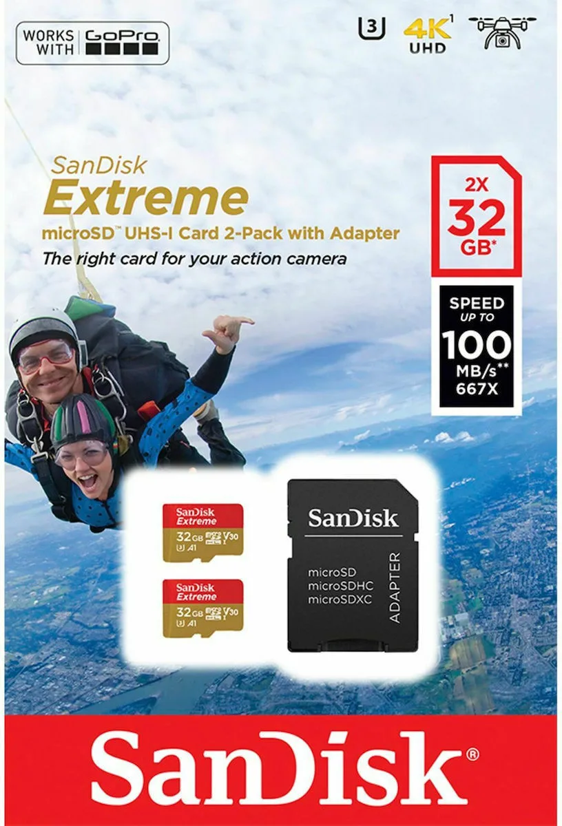 20220209090044_sandisk_microsdhc_2x_32gb_u3_v30_a1_with_adapter.jpeg Sandisk Extreme microSDHC 32GB U3 V30 A1 UHS-I 100MB/s με αντάπτορα - Image 1