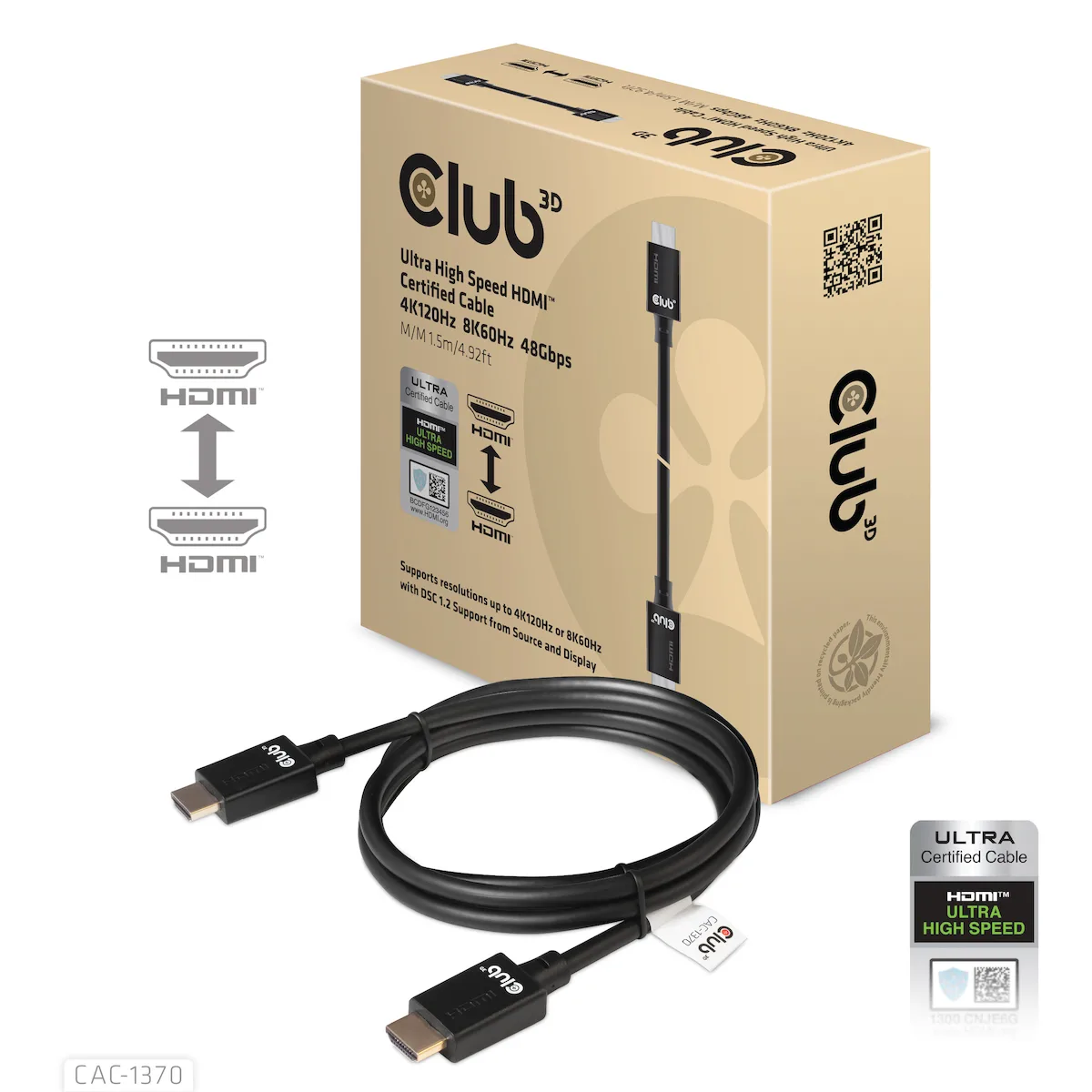 Club3D HDMI 2.1 Ultra High Speed 48Gbps 4K 120Hz HDR VRR Cable HDMI male - HDMI male 1.5m Μαύρο CAC-1370 - Image 1