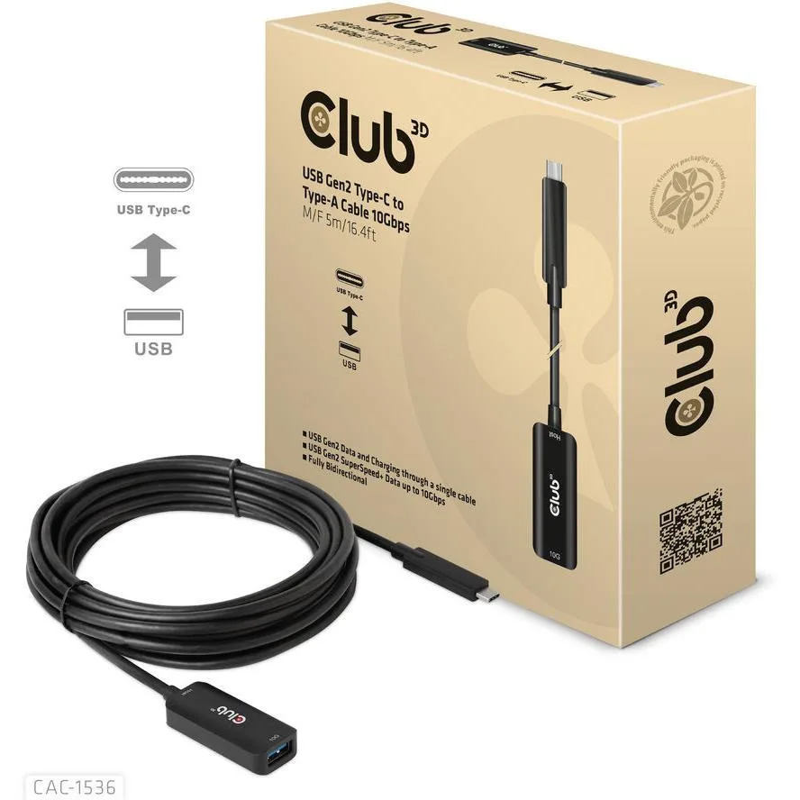 Club3D USB 3.2 Cable USB-C male - USB-A female Μαύρο 5m CAC-1536 - Image 1