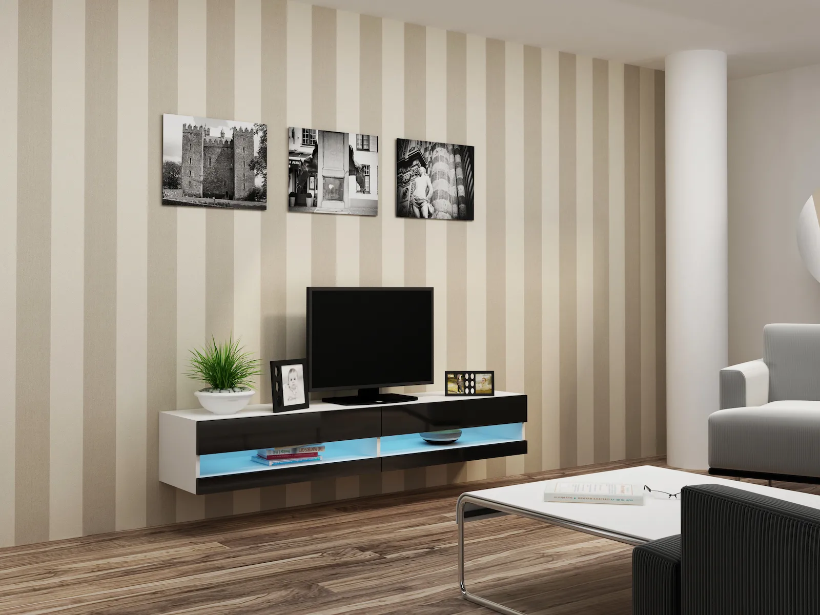 Έπιπλο Τηλεόρασης Vigo New με Φωτισμό LED White / Black Gloss Μ180xΠ30xΥ40cm - Image 1