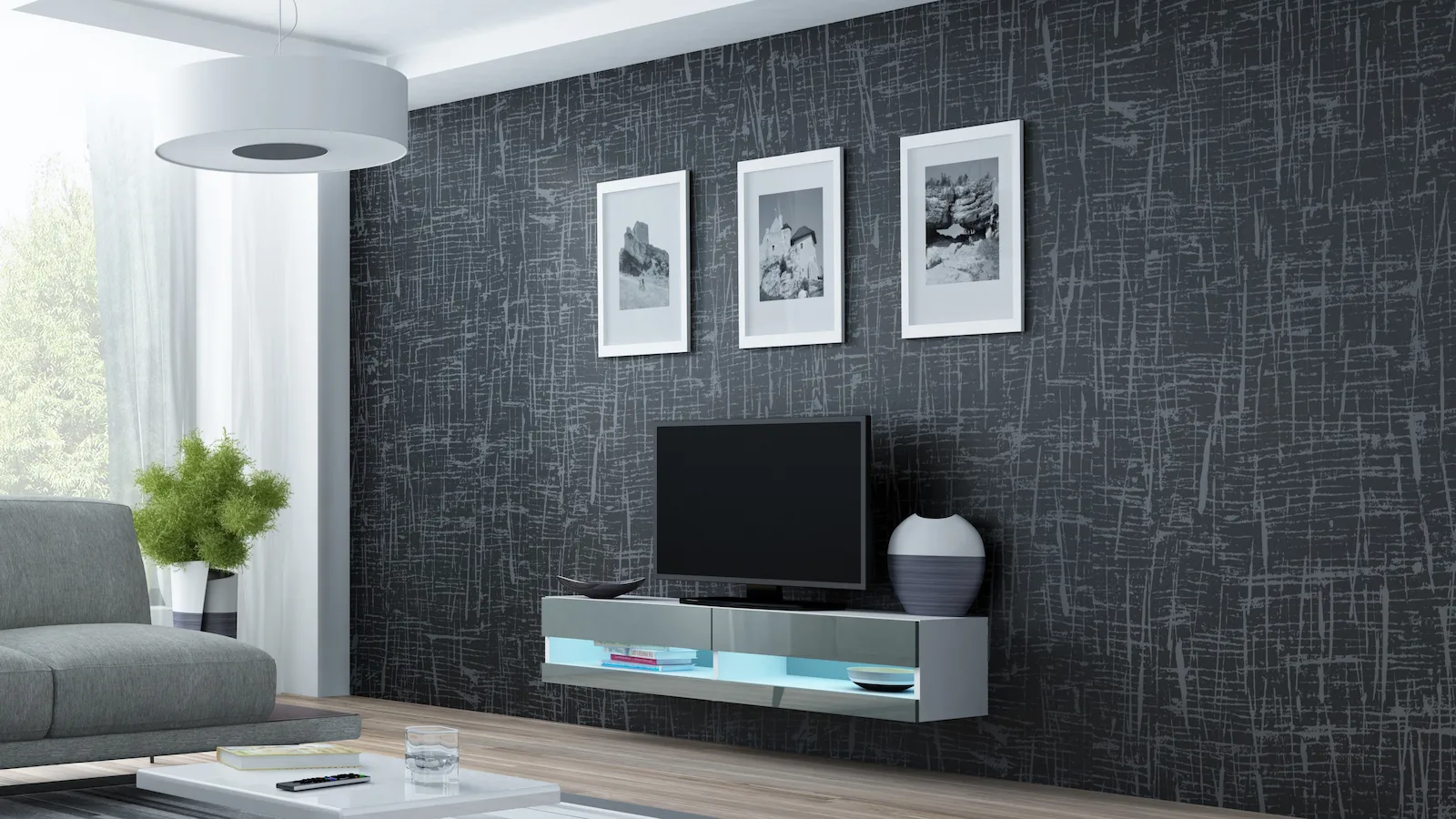 Έπιπλο Τηλεόρασης Vigo New με Φωτισμό LED White / Grey Gloss Μ140xΠ30xΥ40cm - Image 1