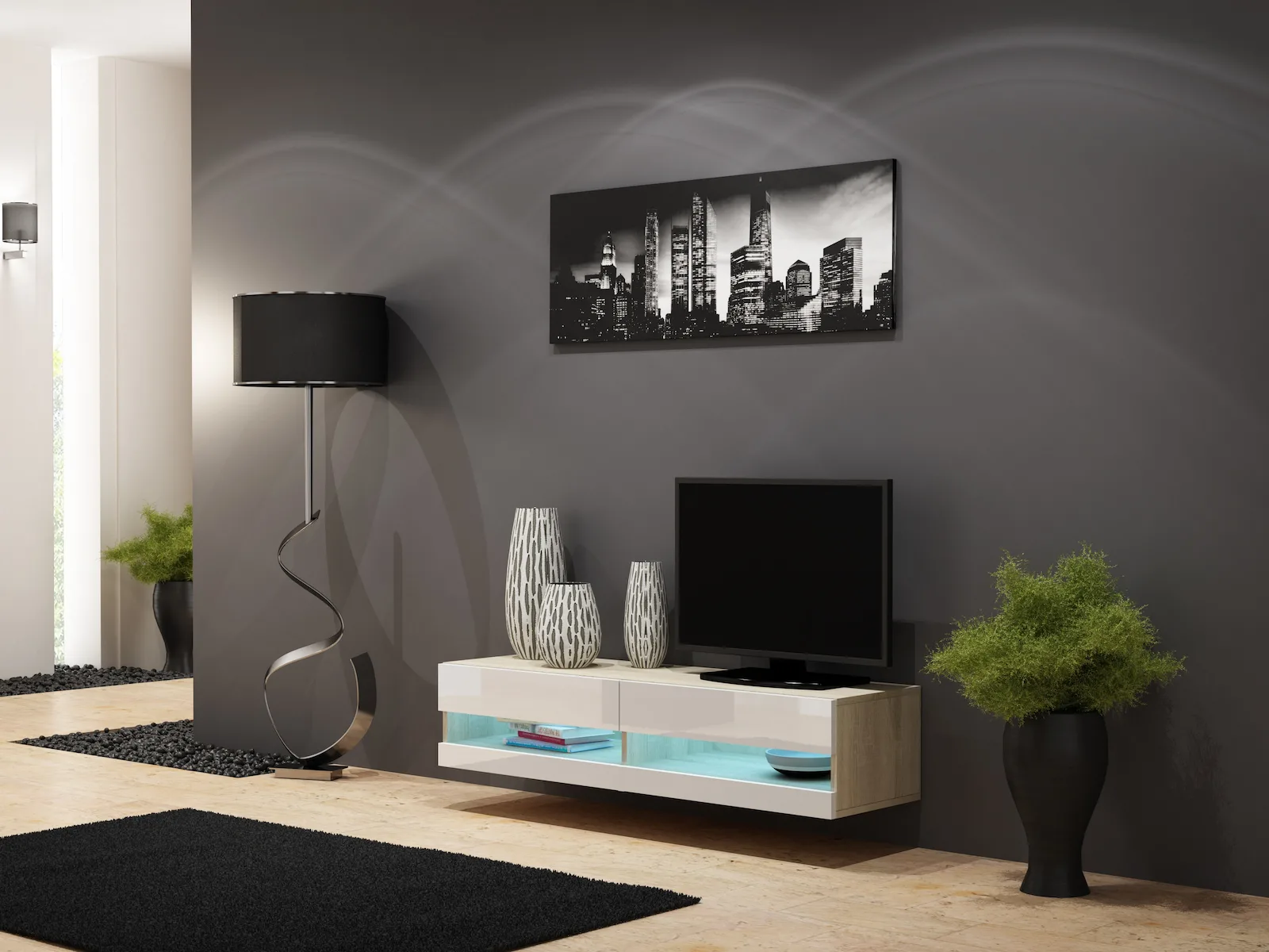 Έπιπλο Τηλεόρασης Vigo New με Φωτισμό LED Sonoma / White Gloss Μ140xΠ30xΥ40cm - Image 1