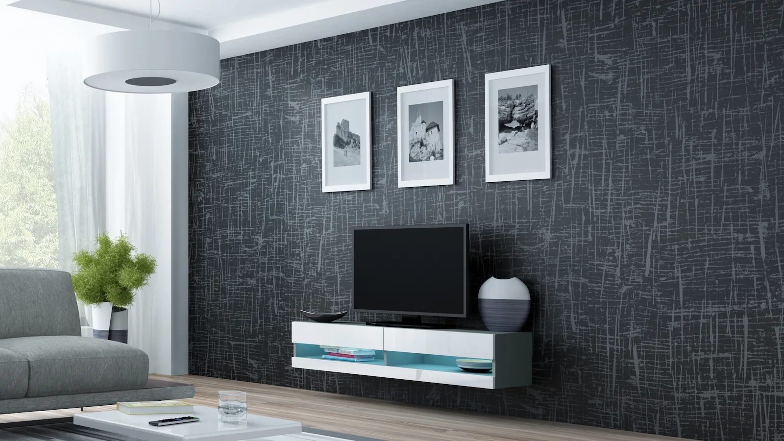 Έπιπλο Τηλεόρασης Vigo New με Φωτισμό LED Grey / White Gloss Μ140xΠ30xΥ40cm - Image 1