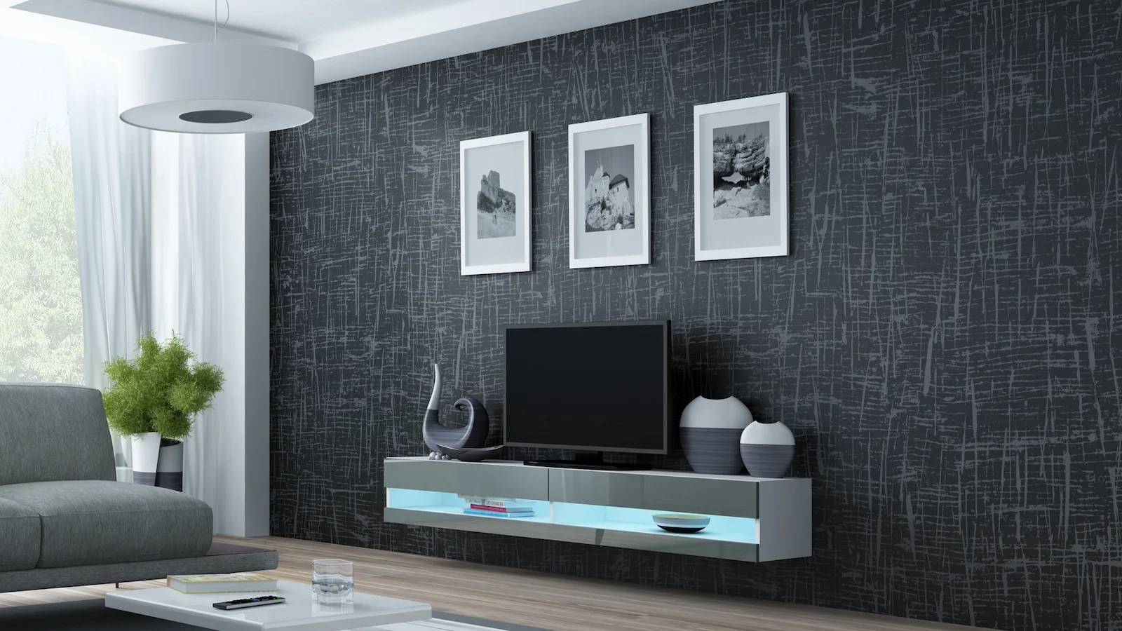 Έπιπλο Τηλεόρασης Vigo New με Φωτισμό LED White / Grey Gloss Μ180xΠ30xΥ40cm - Image 1