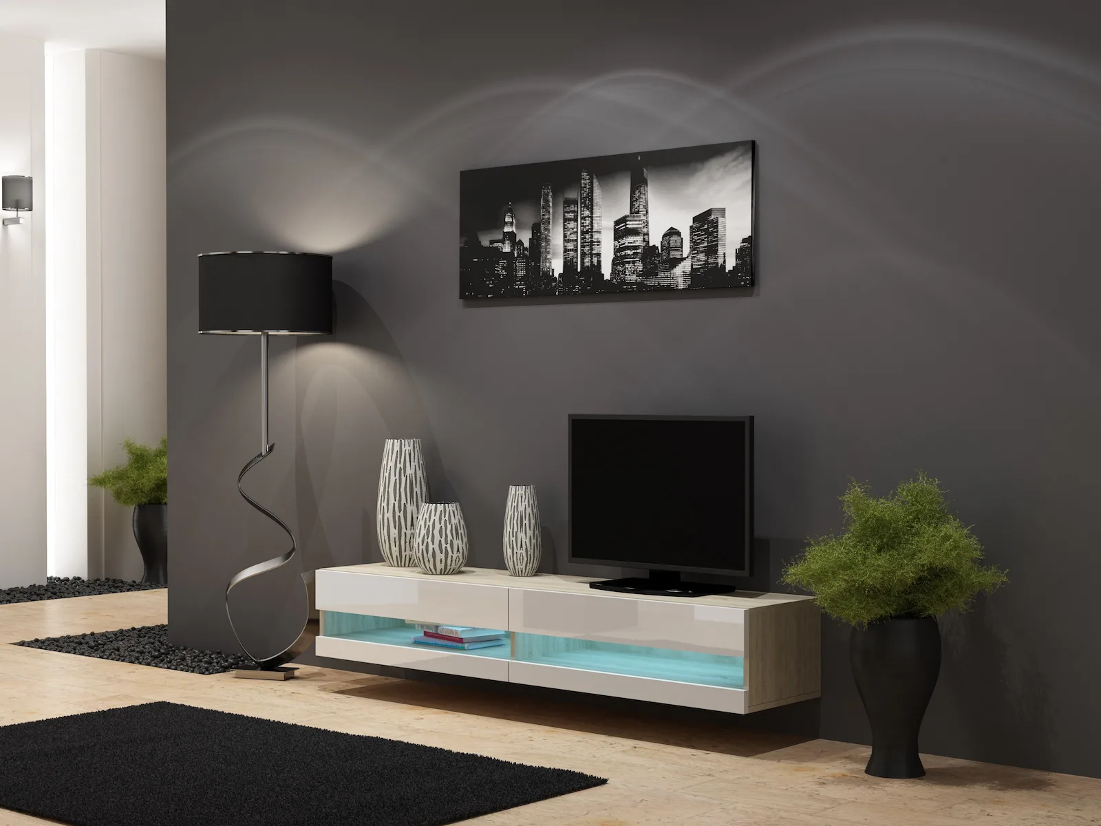 Έπιπλο Τηλεόρασης Vigo New με Φωτισμό LED Sonoma / White Gloss Μ180xΠ30xΥ40cm - Image 1
