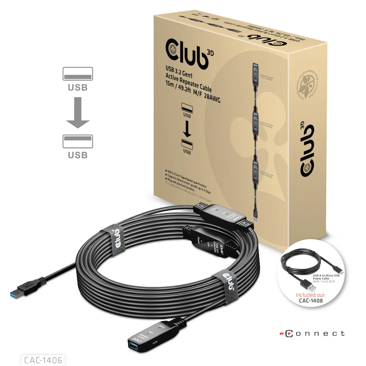 Club3D USB 3.1 Cable USB-A male - USB-A female Μαύρο 15m CAC-1406 - Image 1