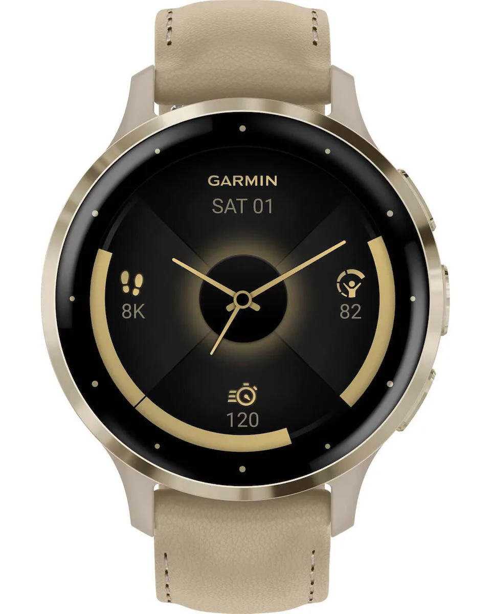 Garmin Venu 3S Stainless Steel 41mm Αδιάβροχο Smartwatch με Παλμογράφο (Soft Gold Stainless Steel Bezel with French Gray Case and Leather Band) - Image 1