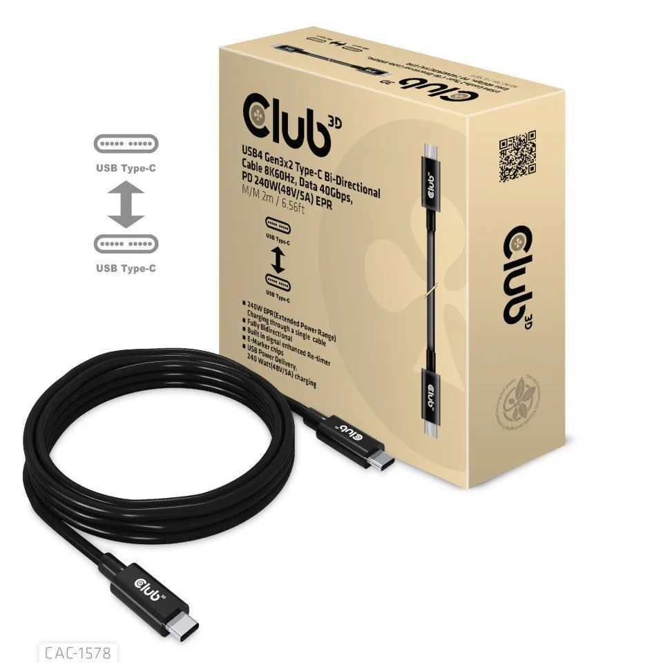 Club3D USB 4 Cable USB-C male - USB-C 240W PD Μαύρο 2m CAC-1578 - Image 1