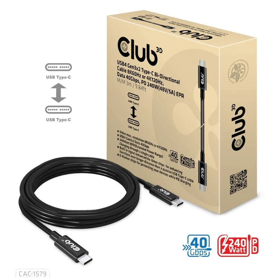 Club3D USB 2.0 Cable USB-C male - USB-C 240W PD Μαύρο 3m CAC-1579 - Image 1
