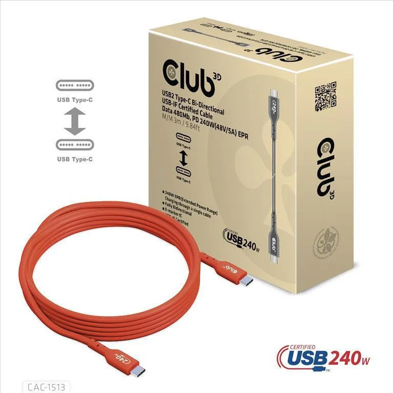 Club3D USB 2.0 Cable USB-C male - USB-C 240W PD Κόκκινο 3m CAC-1513 - Image 1