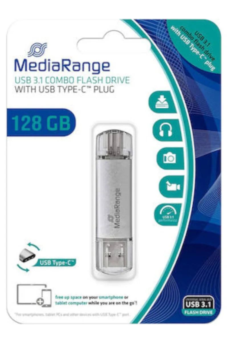 20240710172602_mediarange_128gb_usb_3_1_stick_me_syndesi_usb_a_usb_c_asimi.jpeg Mediarange Usb 3.0 Combo Flash Drive Usb Type C 128gb Silver - Image 1