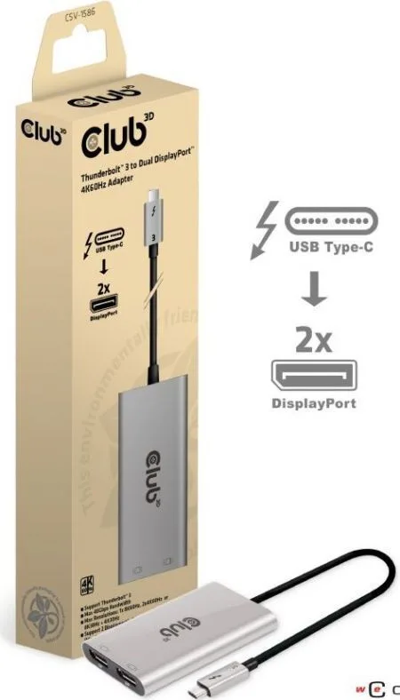 Club3D Μετατροπέας Thunderbolt 3 male σε DisplayPort 2x female Ασημί 1τμχ CSV-1586 - Image 1