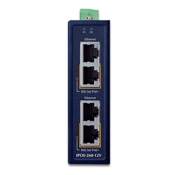 Planet Ipoe-260-12v Poe Industrial Injector 2x Port 4x1gb 2x 802.3at 36/72w Din Ip30 40~75°c Dual Power 12-56vdc - Image 1