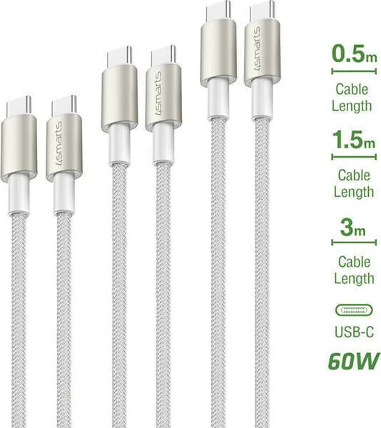 4smarts Type-c To Type-c Cables Premiumcord 60w Set 3 Pieces 0.5m+1.5m+3m White Silver - Image 1