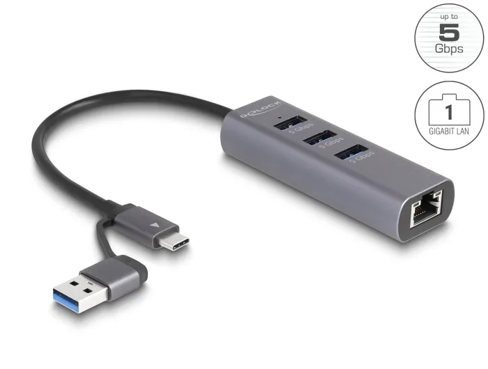 DeLock Hub 3 Θυρών USB 3.0 με σύνδεση USB-A / USB-C / Ethernet Γκρι 64282 - Image 1