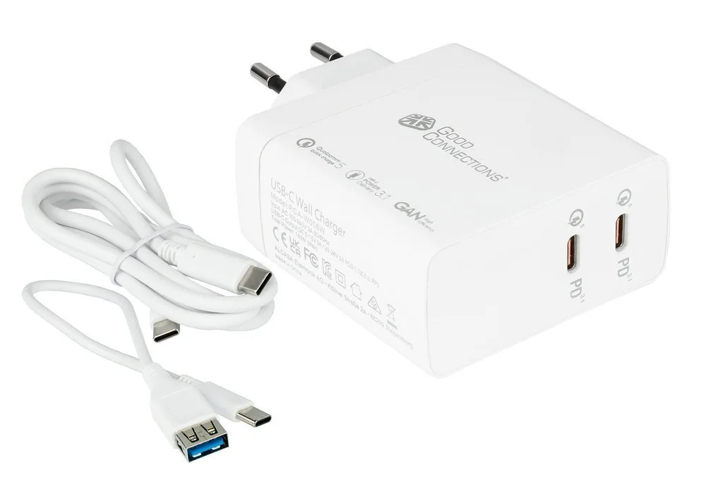 Good Connections Φορτιστής GaN με 2 Θύρες USB-C και Καλώδιο USB-C - USB-C 140W Power Delivery / Quick Charge 5.0 Λευκός - Image 1