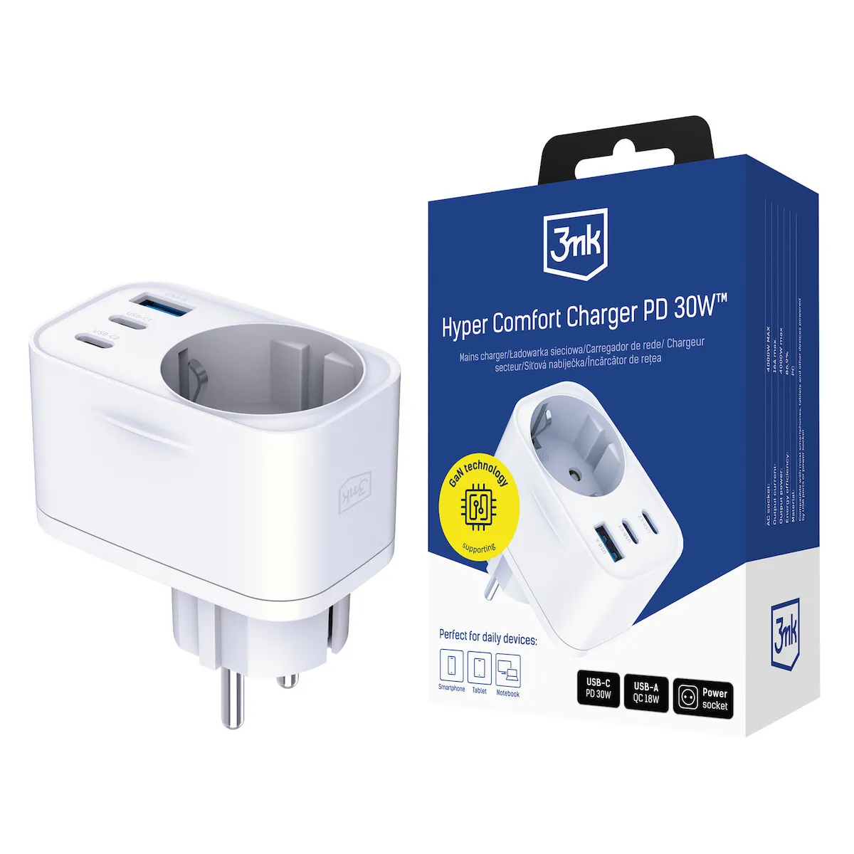 3MK Φορτιστής Χωρίς Καλώδιο GaN με Θύρα USB-A και 2 Θύρες USB-C 30W Power Delivery Λευκός (Hyper Comfort Charger) - Image 1