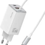 Usams Φορτιστής GaN με Θύρα USB-A και Θύρα USB-C και Καλώδιο USB-C 65W Λευκός (CC266)
