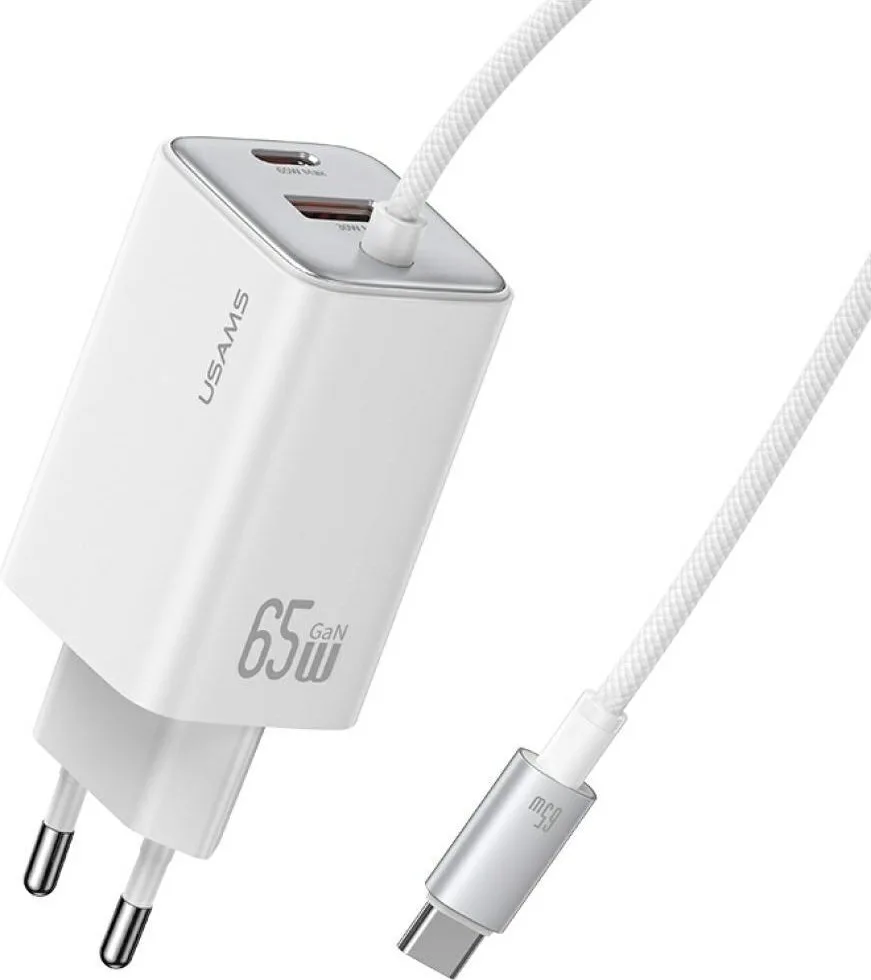 20250422112524_usams_fortistis_gan_me_thyra_usb_a_kai_thyra_usb_c_kai_kalodio_usb_c_65w_leykos_cc266.jpeg Usams Φορτιστής GaN με Θύρα USB-A και Θύρα USB-C και Καλώδιο USB-C 65W Λευκός (CC266) - Image 1