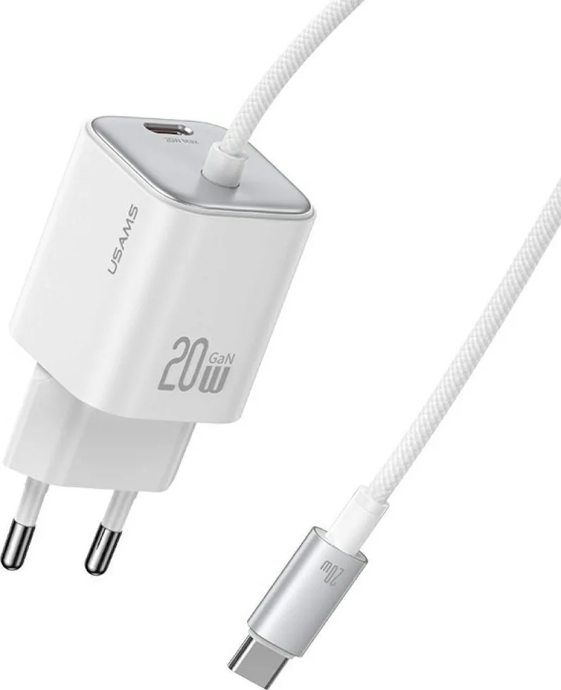20250422113017_usams_fortistis_gan_me_thyra_usb_c_kai_kalodio_usb_c_20w_leykos_cc261.jpeg Usams Φορτιστής GaN με Θύρα USB-C και Καλώδιο USB-C 20W Power Delivery Λευκός (CC261) - Image 1