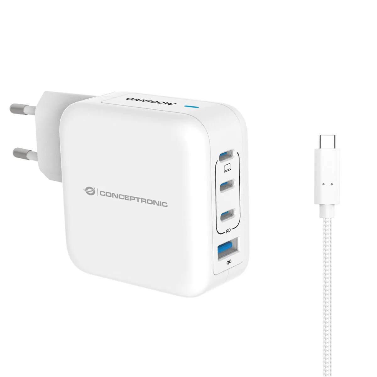 Conceptronic Φορτιστής GaN με Θύρα USB-A και 3 Θύρες USB-C και Καλώδιο USB-C - USB-C 100W Power Delivery / Quick Charge 3.0 Λευκός (ALTHEA18W) - Image 1