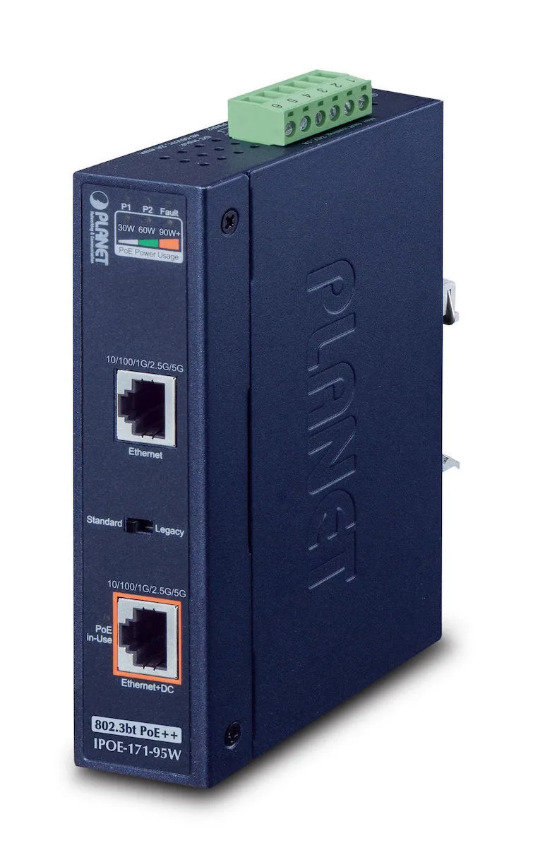 Planet Technology Industrial Single-Port Multi-Gigabit 802.3bt PoE++ Injector (95 Watts, -40~75 degrees C, 12~48V DC) - Image 1