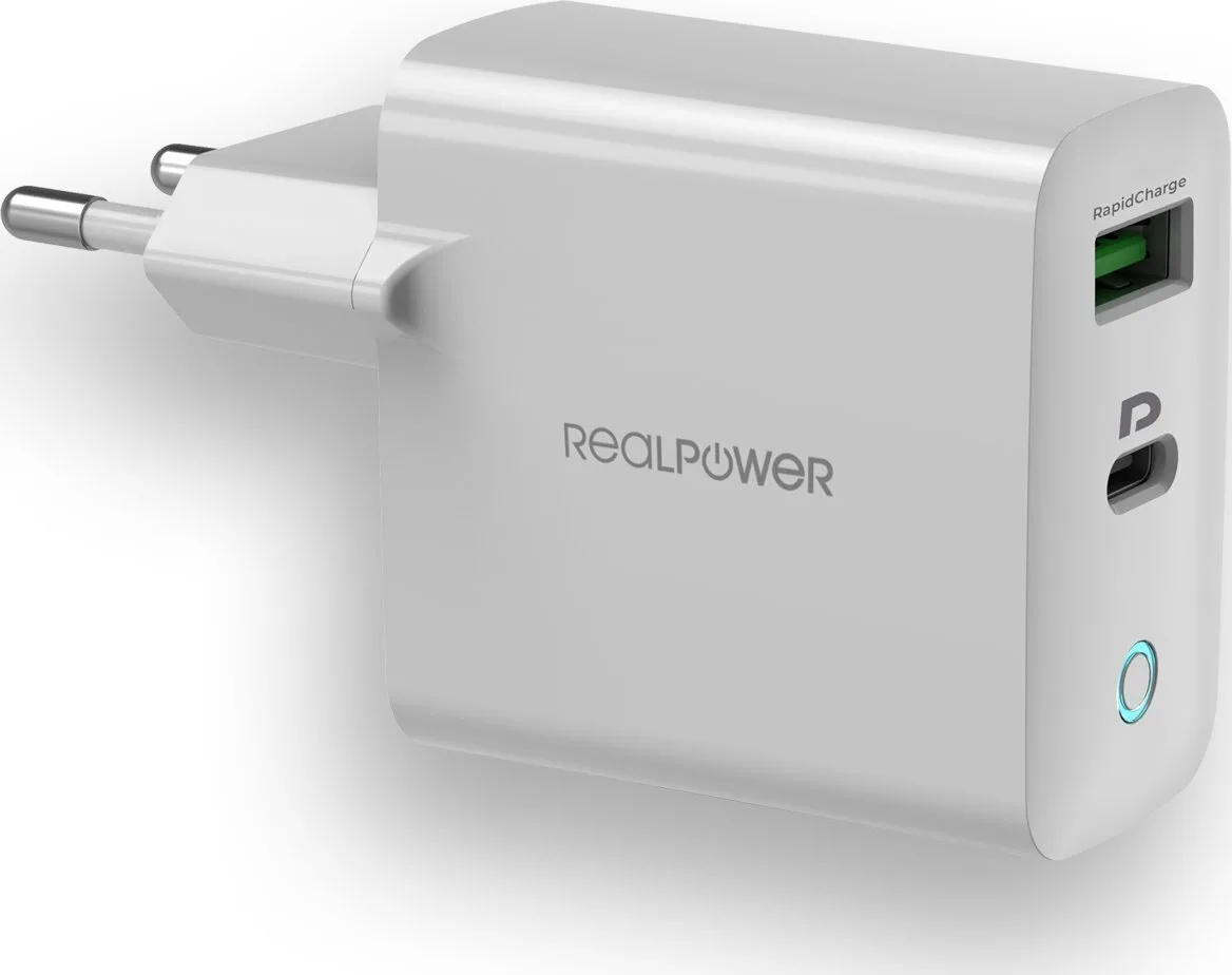 RealPower Φορτιστής Χωρίς Καλώδιο με Θύρα USB-A και Θύρα USB-C Λευκός (PC-20) - Image 1