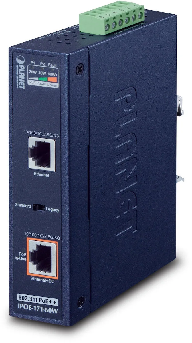 Planet Technology Industrial Single-Port Multi-Gigabit 802.3bt PoE++ Injector (60 Watts, -40~75 degrees C, 48~56VDC) - Image 1