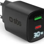 SBS Φορτιστής Χωρίς Καλώδιο GaN με Θύρα USB-A και Θύρα USB-C 30W Power Delivery Μαύρος (TETRGANLCD1USB1C30K)