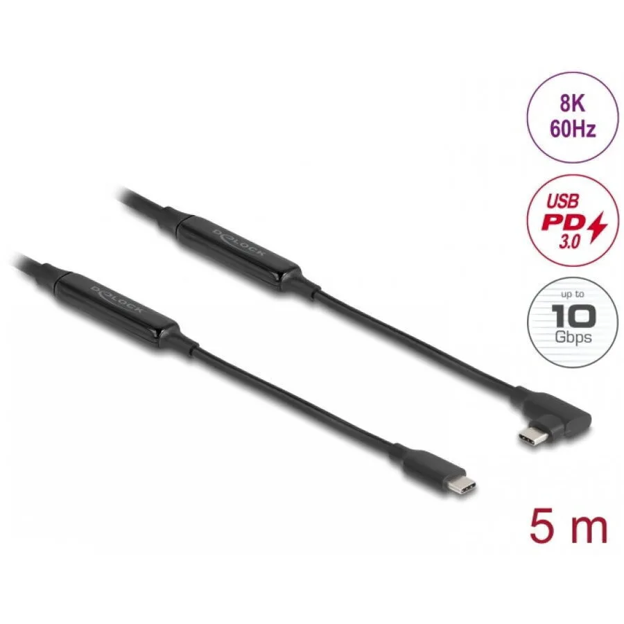 Delock Active Usb 10 Gbps Type C Cable 8k60hz/pd 60w E-marker Straight Angled 5m Delock 81196 - Image 1