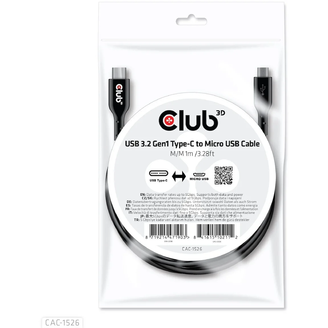 Club3D USB 2.0 Cable USB-C male - micro USB-B Μαύρο 1m CAC-1526 - Image 1