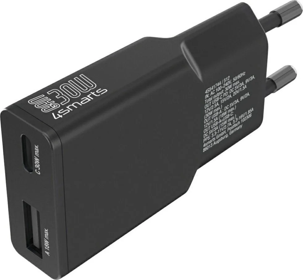 4Smarts Φορτιστής Χωρίς Καλώδιο GaN με 2 Θύρες USB-C 30W Power Delivery Μαύρος (Flatplug Slim) - Image 1
