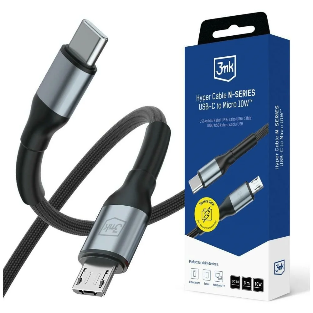 3MK USB 2.0 Cable USB-C male - USB-C 10W Μαύρο 3m - Image 1