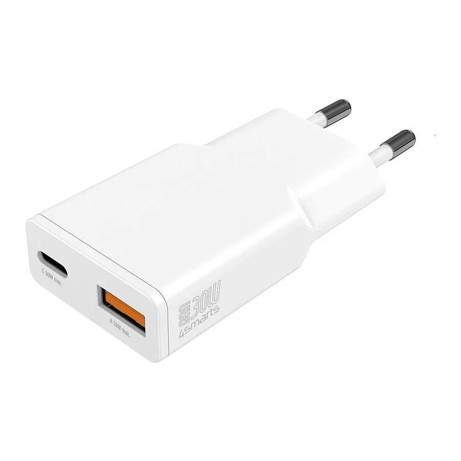 4Smarts Φορτιστής Χωρίς Καλώδιο GaN με Θύρα USB-A και Θύρα USB-C 30W Power Delivery Λευκός (Slim Duos) - Image 1