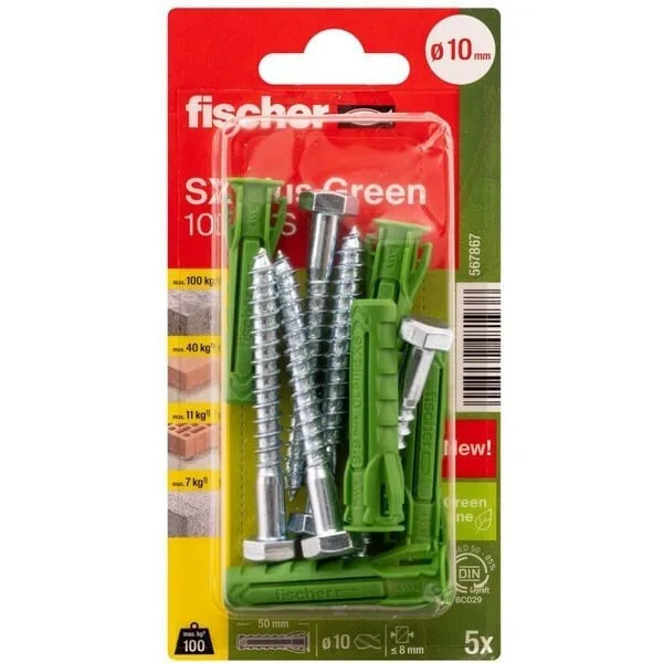 20260507145348_fischer_sx_plus_green_10by50_sk_dowel_green_5_pieces_screw.jpeg Fischer Sx Plus Green 10x50 Sk Dowel Green 5 Pieces Screw - Image 1