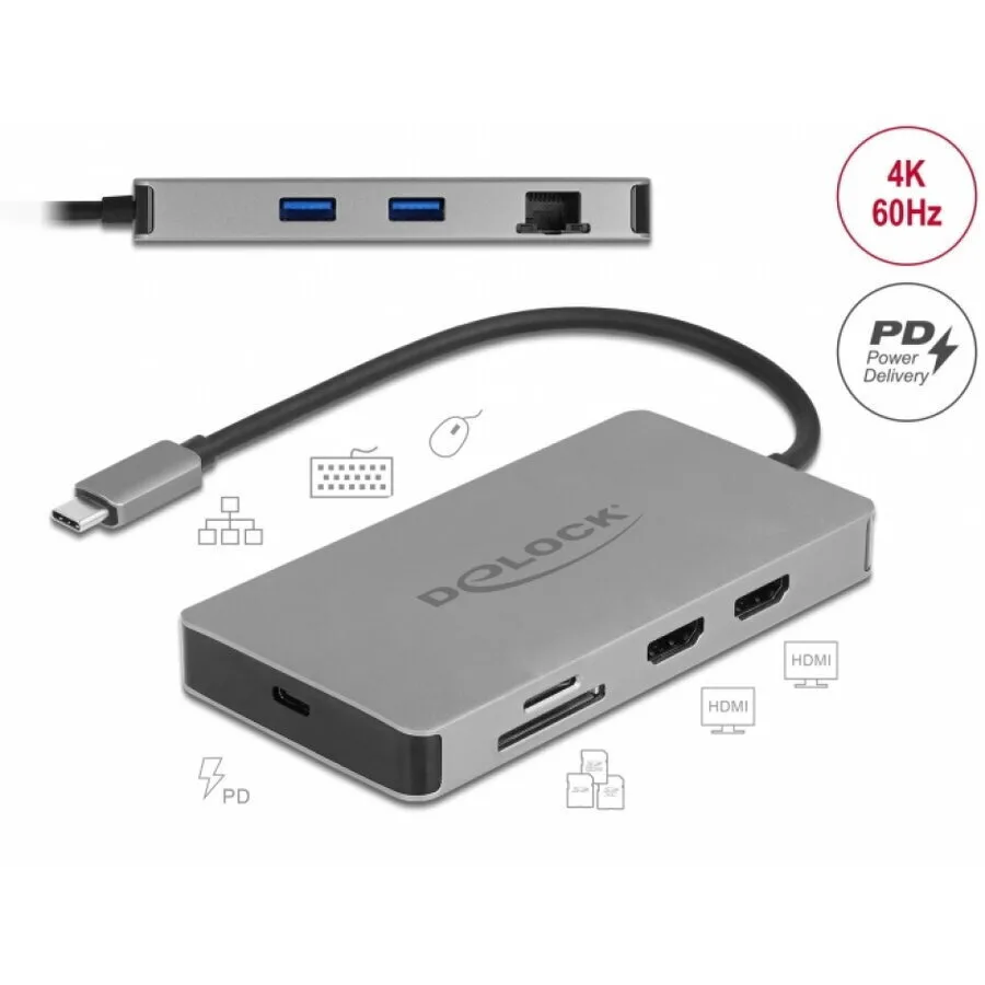 DeLock 87004 USB-C Docking Station με HDMI 4K PD Ethernet και σύνδεση 2 Οθονών Γκρι - Image 1