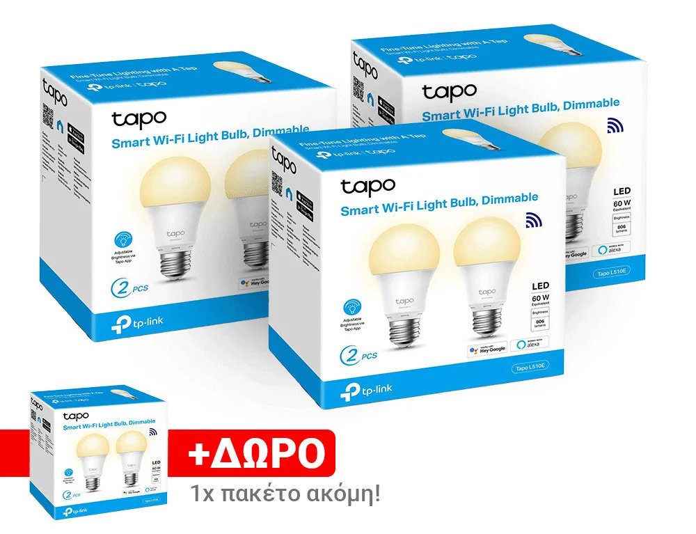 20240216123703_tp_link_smart_lampes_led_gia_ntoui_e27_thermo_leyko_dimmable_8tmch_tapo_l510e.jpeg TP-LINK Smart Λάμπες LED 8.7W για Ντουί E27 Θερμό Λευκό Dimmable 8τμχ Tapo L510E - Image 1