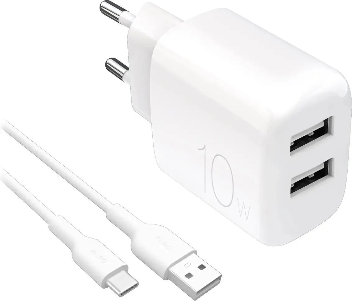 20250319122706_puro_fortistis_me_2_thyres_usb_a_kai_kalodio_usb_c_10w_leykos_prolite.jpeg Puro Φορτιστής με 2 Θύρες USB-A και Καλώδιο USB-C 10W Λευκός (Prolite) - Image 1