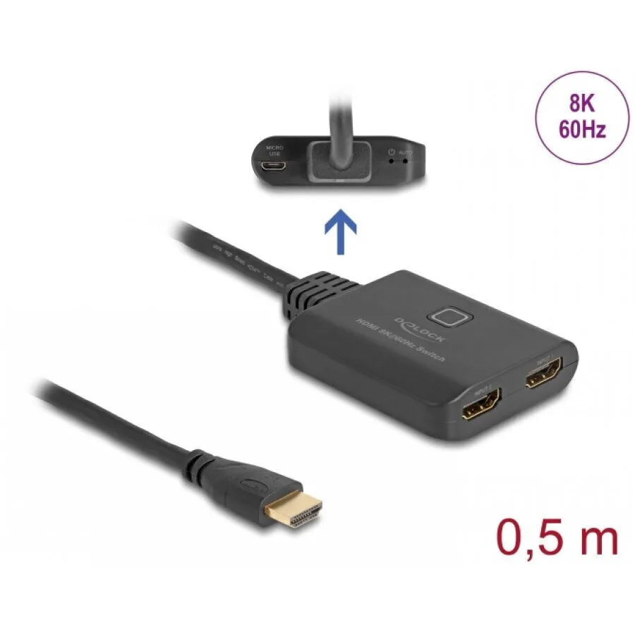 Delock Hdmi Switch 2 Ports 8k60hz/4k144hz + 0.5m Cable Delock 18645 - Image 1