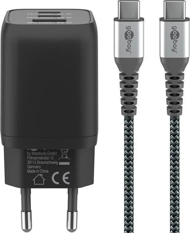 Goobay Φορτιστής GaN με Θύρα USB-A και 2 Θύρες USB-C και Καλώδιο USB-C - USB-C 65W Μαύρος (70180) - Image 1