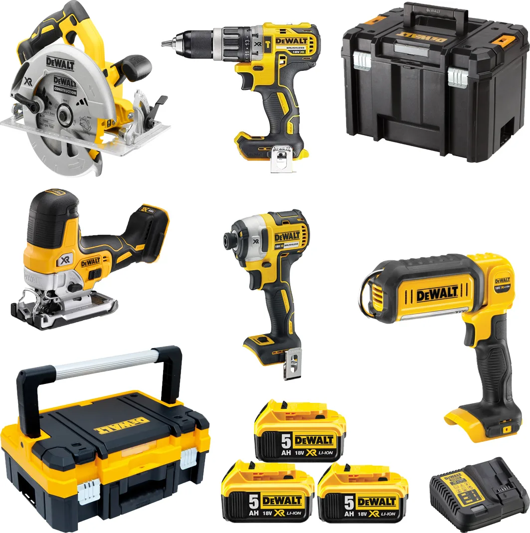 20200424125747_dewalt_dck500p3t.jpeg DEWALT DCK500P3T Σετ Δισκοπρίονο, Δραπανοκατσάβιδο, Παλμικό Κατσαβίδι, Σέγα & Φακός Brushless 18V με 3 Μπαταρίες 5Ah και Θήκη - Image 1