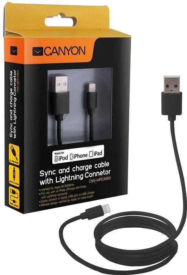 Canyon USB-A to Lightning Cable 12W Μαύρο 1m CNS-MFICAB01B - Image 1
