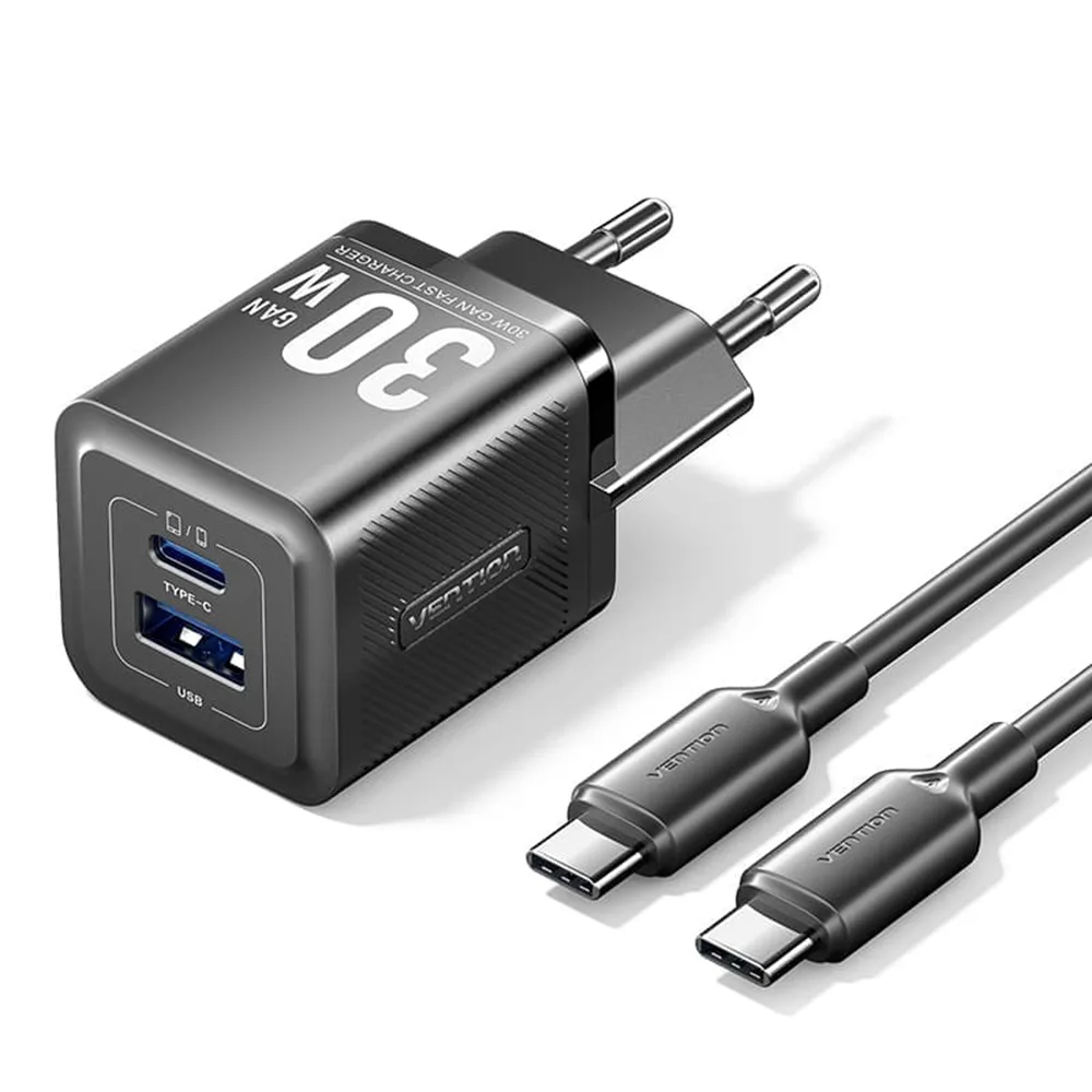 20241205110500_vention_fortistis_gan_me_thyra_usb_a_kai_thyra_usb_c_kai_kalodio_usb_c_usb_c_mayros_tz_feqb0_eu_01.jpeg Vention Φορτιστής GaN με Θύρα USB-A και Θύρα USB-C και Καλώδιο USB-C - USB-C Power Delivery Μαύρος (FEQB0) - Image 1