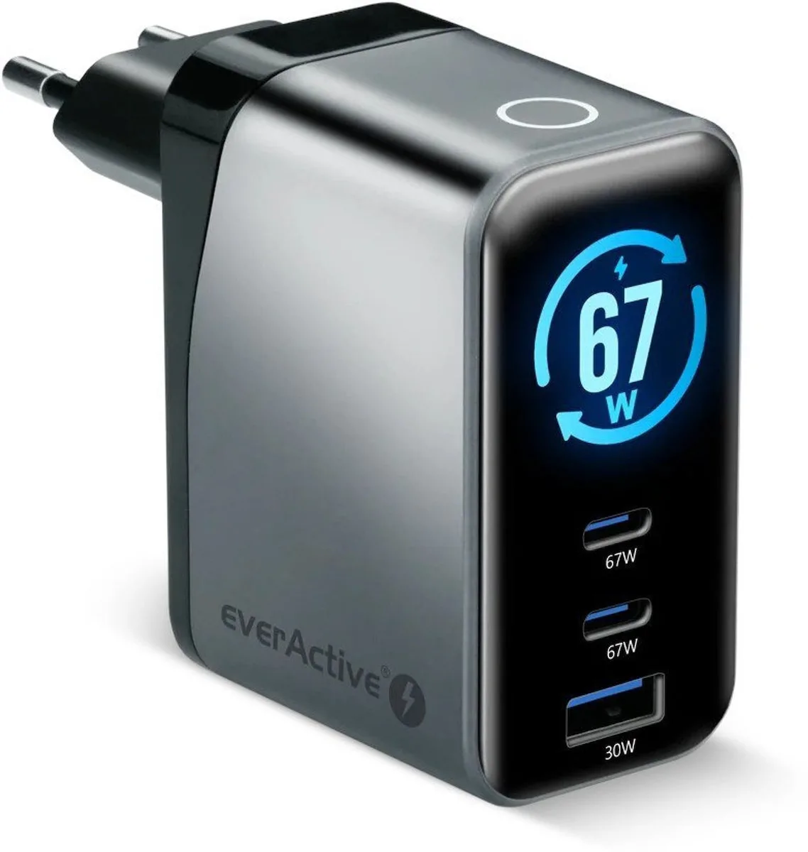 everActive Φορτιστής Χωρίς Καλώδιο GaN με Θύρα USB-A και 2 Θύρες USB-C 67W Power Delivery Γκρι (SC-670Q) - Image 1