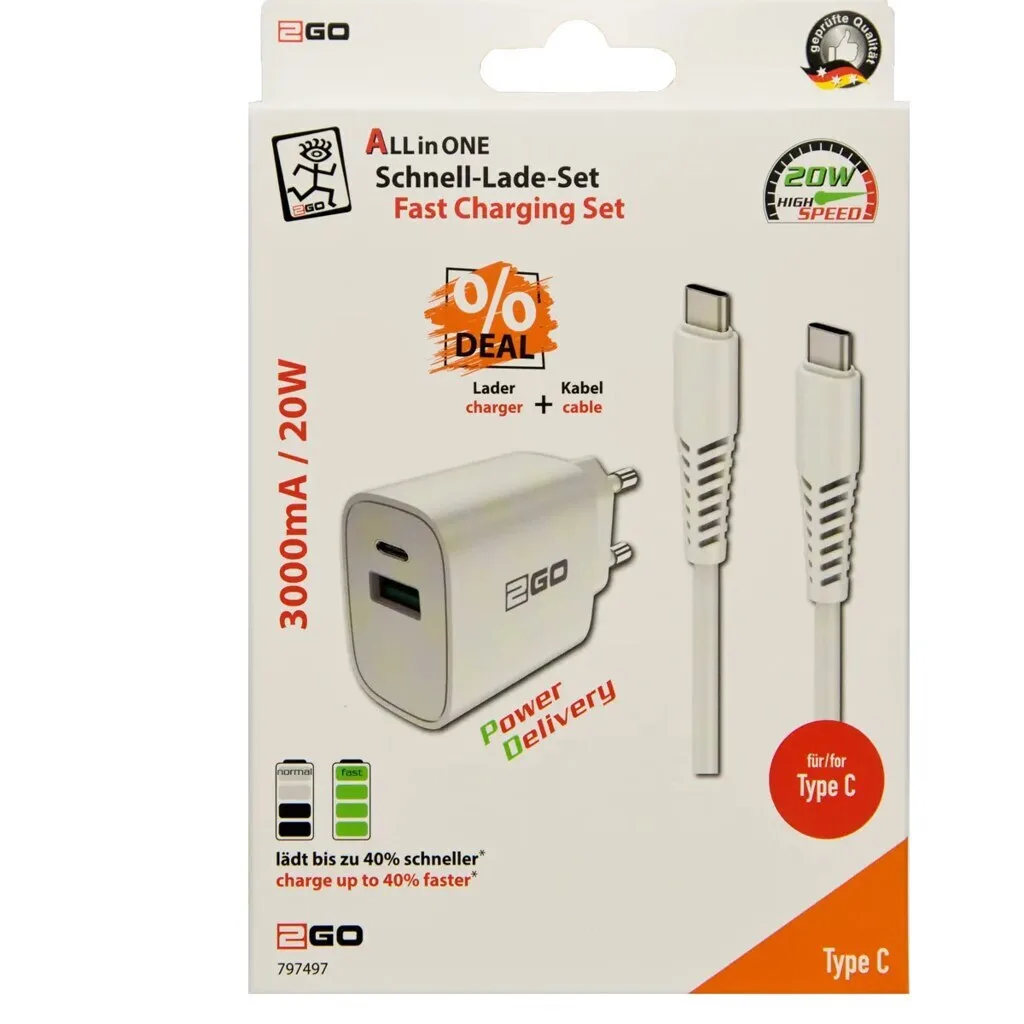 2GO Φορτιστής με Θύρα USB-A και Θύρα USB-C και Καλώδιο USB-C - USB-C 20W Power Delivery Λευκός 2GO Φορτιστής με Θύρα USB-A και Θύρα USB-C και Καλώδιο USB-C - USB-C 20W Power Delivery Λευκός - Image 1