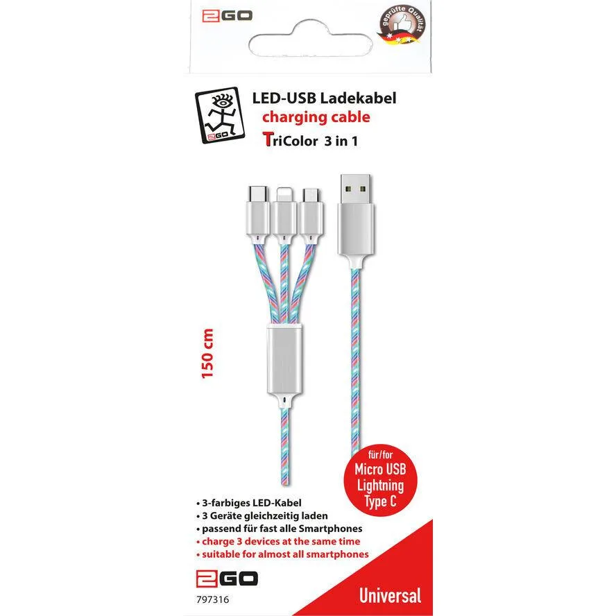 2GO LED USB to Lightning / Type-C / micro USB Cable Λευκό 1.5m (797316) 2GO LED USB to Lightning / Type-C / micro USB Cable Λευκό 1.5m (797316) - Image 1