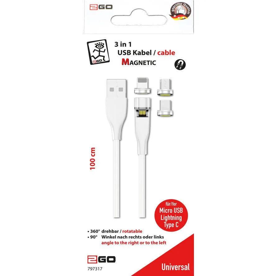 2GO Magnetic USB to Lightning / Type-C / micro USB Cable Λευκό 1m (797317) 2GO Magnetic USB to Lightning / Type-C / micro USB Cable Λευκό 1m (797317) - Image 1